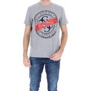 Polo Guess T-Shirt Homme Gris Mélangé Motifs Noir et Rouge