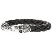 Bracelets Orusbijoux Bracelet Homme Cuir Noir Tête De Mort En Argent