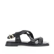 Platte sandalen in leer, vierkante top