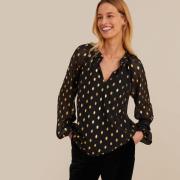 Blouse col V, à pois, manches longues