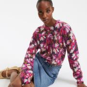 Pull col rond en alpaga mélangé, imprimé floral