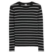 Pull col rond rayé maille viscose mélangée côtelée